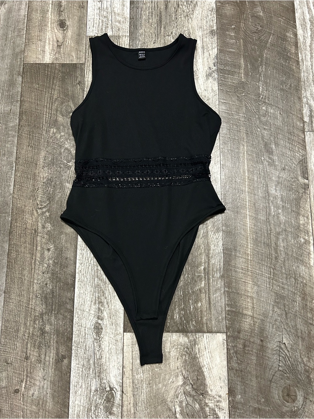 SHEIN Black Lace-Trim Ribbed Bodysuit